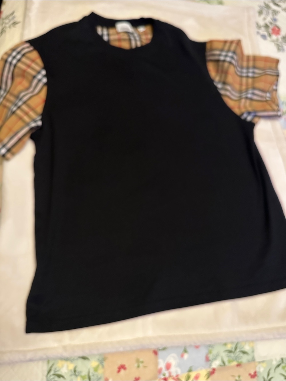 Burberry Black Tee with Tan Plaid Sleeves